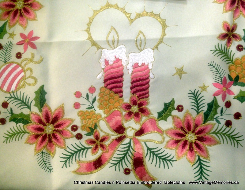 Christmas Candles n Poinsettia Embroidered Tablecloths