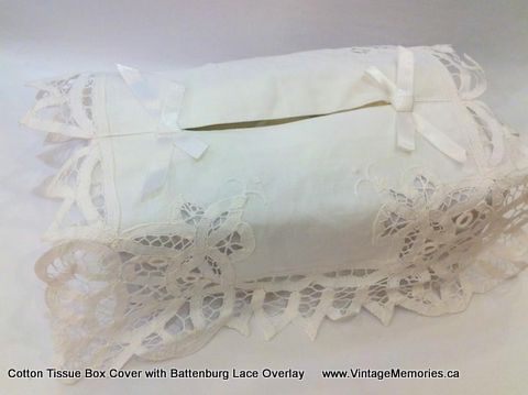 Cotton Tissue Box Cover with Battenburg Lace Overlay.