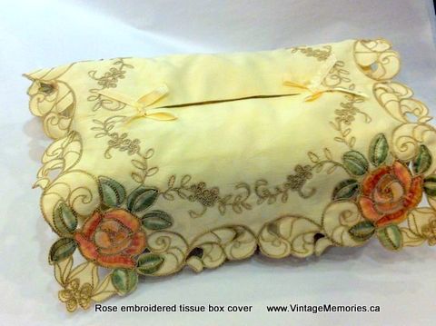 Rose embroidered tissue box cover